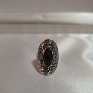 Silver-Tone Marquise Black Stone Cocktail Ring
